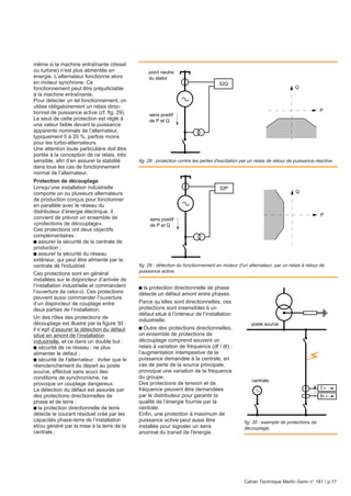Cahier Technique Merlin Gerin n° 181 / p.17
32Q
a
sens positif
de P et Q
point neutre
du stator
Q
P
32P
a
sens positif
de P et Q
Q
P
même si la machine entraînante (diesel
ou turbine) n’est plus alimentée en
énergie. L’alternateur fonctionne alors
en moteur synchrone. Ce
fonctionnement peut être préjudiciable
à la machine entraînante.
Pour détecter un tel fonctionnement, on
utilise obligatoirement un relais direc-
tionnel de puissance active (cf. fig. 29).
Le seuil de cette protection est réglé à
une valeur faible devant la puissance
apparente nominale de l’alternateur,
typiquement 5 à 20 %, parfois moins
pour les turbo-alternateurs.
Une attention toute particulière doit être
portée à la conception de ce relais, très
sensible, afin d’en assurer la stabilité
dans tous les cas de fonctionnement
normal de l’alternateur.
Protection de découplage
Lorsqu’une installation industrielle
comporte un ou plusieurs alternateurs
de production conçus pour fonctionner
en parallèle avec le réseau du
distributeur d’énergie électrique, il
convient de prévoir un ensemble de
«protections de découplage».
Ces protections ont deux objectifs
complémentaires :
c assurer la sécurité de la centrale de
production ;
c assurer la sécurité du réseau
extérieur, qui peut être alimenté par la
centrale de l'industriel.
Ces protections sont en général
installées sur le disjoncteur d’arrivée de
l’installation industrielle et commandent
l’ouverture de celui-ci. Ces protections
peuvent aussi commander l’ouverture
d’un disjoncteur de couplage entre
deux parties de l’installation.
Un des rôles des protections de
découplage est illustré par la figure 30 :
il s’agit d’assurer la détection du défaut
situé en amont de l’installation
industrielle, et ce dans un double but :
c sécurité de ce réseau : ne plus
alimenter le défaut ;
c sécurité de l’alternateur : éviter que le
réenclenchement du départ au poste
source, effectué sans souci des
conditions de synchronisme, ne
provoque un couplage dangereux.
La détection du défaut est assurée par
des protections directionnelles de
phase et de terre :
c la protection directionnelle de terre
détecte le courant résiduel créé par les
capacités phase-terre de l’installation
et/ou généré par la mise à la terre de la
centrale ;
fig. 28 : protection contre les pertes d'excitation par un relais de retour de puissance réactive.
fig. 29 : détection du fonctionnement en moteur d'un alternateur, par un relais à retour de
puissance active.
c la protection directionnelle de phase
détecte un défaut amont entre phases.
Parce qu’elles sont directionnelles, ces
protections sont insensibles à un
défaut situé à l’intérieur de l’installation
industrielle.
c Outre des protections directionnelles,
un ensemble de protections de
découplage comprend souvent un
relais à variation de fréquence (df / dt) :
l’augmentation intempestive de la
puissance demandée à la centrale, en
cas de perte de la source principale,
provoque une variation de la fréquence
du groupe.
Des protections de tension et de
fréquence peuvent être demandées
par le distributeur pour garantir la
qualité de l’énergie fournie par la
centrale.
Enfin, une protection à maximum de
puissance active peut aussi être
installée pour signaler un sens
anormal du transit de l'énergie.
fig. 30 : exemple de protections de
découplage.
I >
Ih >
poste source
a
centrale
 