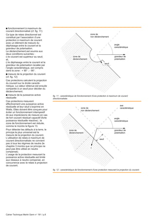 Cahier Technique Merlin Gerin n° 181 / p.8
c fonctionnement à maximum de
courant directionnalisé (cf. fig. 11)
Ce type de relais directionnel est
constitué par l’association d’une
protection à maximum de courant
avec un élément de mesure du
déphasage entre le courant et la
grandeur de polarisation.
Le déclenchement est soumis aux
deux conditions suivantes :
v le courant est supérieur au seuil,
et,
v le déphasage entre le courant et la
grandeur de polarisation recalée par
l’angle caractéristique, est compris
dans la zone : + 90° ; - 90°.
c mesure de la projection du courant
(cf. fig. 12)
Ces protections calculent la projection
du courant sur la droite caracté-
ristique. La valeur obtenue est ensuite
comparée à un seuil pour décider du
déclenchement.
c mesure de la puissance active
résiduelle
Ces protections mesurent
effectivement une puissance active
résiduelle et leur seuil s’exprime en
Watts. Elles doivent être conçues pour
éviter un fonctionnement intempestif
dû aux imprécisions de mesure en cas
de fort courant résiduel capacitif (forte
puissance résiduelle réactive) ; la
zone de fonctionnement est réduite,
comme le montre la figure 13.
Pour détecter les défauts à la terre, le
principe le plus universel est la
mesure de la projection du courant.
L’utilisation de relais à maximum de
courant directionnalisés ne convient
pas à tous les régimes de neutre (le
chapitre 3 montre que ce principe ne
peut pas être utilisé en neutre
compensé).
L’usage de la protection mesurant la
puissance active résiduelle est limité
aux réseaux à neutre compensé, en
concurrence avec le relais à projection
de courant.
fig. 12 : caractéristique de fonctionnement d'une protection mesurant la projection du courant.
fig. 11 : caractéristique de fonctionnement d'une protection à maximum de courant
directionnalisée.
grandeur de
polarisation
zone de
déclenchement
angle
caractéristique
axe
caractéristiquezone de
non déclenchement
I
seuil
grandeur de
polarisation
zone de
déclenchement
angle
caractéristique
zone de
non déclenchement
seuil
 
