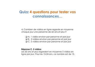 Quizz 4 questions pour tester vos 
connaissances… 
4. Combien de vidéos en ligne regarde en moyenne 
chaque jour une personne de 65 ans et plus ? 
 A. 1 vidéo environ par personne et par jour 
 B. 2 vidéos environ par personne et par jour 
 C. 5 vidéos environ par personne et par jour 
Réponse C. 5 vidéos 
Les 65 ans et plus regardent en moyenne 5 vidéos en 
ligne par jour. Pour les 15-24 ans, ce nombre est de 13. 
 