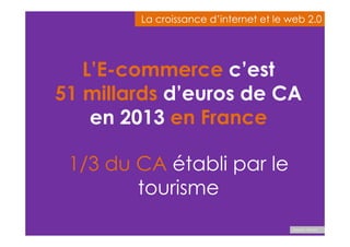 La croissance d’internet eett llee wweebb 22..00 
L’E-commerce c’est 
51 millards d’euros de CA 
en 2013 en France 
1/3 du CA établi par le 
tourisme 
Source : Fevad 
 
