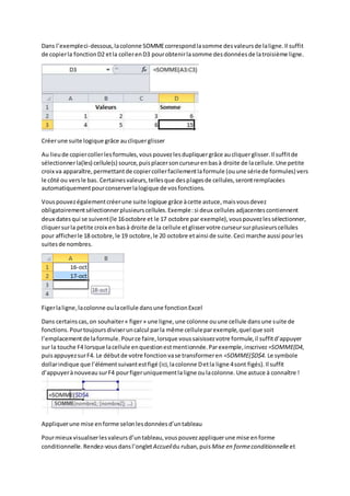 Dans l’exempleci-dessous,lacolonne SOMMEcorrespondlasomme desvaleursde laligne.Il suffit
de copierla fonctionD2 etla collerenD3 pourobtenirlasomme desdonnéesde latroisième ligne.
Créerune suite logique grâce aucliquerglisser
Au lieude copiercollerlesformules,vouspouvezlesdupliquergrâce aucliquerglisser.Il suffitde
sélectionnerla(les) cellule(s) source,puisplacersoncurseurenbasà droite de lacellule.Une petite
croix va apparaître,permettantde copiercollerfacilementlaformule (ouune sériede formules) vers
le côté ou versle bas. Certainesvaleurs,tellesque desplagesde cellules,serontremplacées
automatiquementpourconserverlalogique de vosfonctions.
Vouspouvezégalementcréerune suite logique grâce àcette astuce,maisvousdevez
obligatoirementsélectionnerplusieurscellules.Exemple:si deux cellules adjacentescontiennent
deux datesqui se suivent(le 16octobre et le 17 octobre par exemple),vouspouvezlessélectionner,
cliquersurla petite croix enbasà droite de la cellule etglisservotre curseursurplusieurscellules
pour afficherle 18 octobre,le 19 octobre,le 20 octobre etainsi de suite.Ceci marche aussi pourles
suitesde nombres.
Figerlaligne,lacolonne oulacellule dansune fonctionExcel
Dans certainscas,on souhaiter« figer» une ligne,une colonne ouune cellule dansune suite de
fonctions.Pourtoujoursdiviseruncalcul parla même celluleparexemple,quel que soit
l’emplacementde laformule.Pource faire,lorsque voussaisissezvotre formule,il suffitd’appuyer
sur la touche F4 lorsque lacellule enquestionestmentionnée.Parexemple,inscrivez =SOMME(D4,
puisappuyezsurF4. Le débutde votre fonctionvase transformeren =SOMME($D$4. Le symbole
dollarindique que l’élémentsuivantestfigé (ici,lacolonne Detla ligne 4sont figés).Il suffit
d’appuyerànouveau surF4 pourfigeruniquementlaligne oulacolonne.Une astuce à connaître !
Appliquerune mise enforme selonlesdonnéesd’untableau
Pourmieux visualiserlesvaleursd’untableau,vouspouvezappliquerune mise enforme
conditionnelle.Rendez-vousdansl’ongletAccueildu ruban,puis Mise en formeconditionnelle et
 