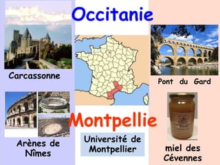 Carcassonne
Occitanie
Montpellie
rArènes de
Nîmes
Pont du Gard
miel des
Cévennes
Université de
Montpellier
 