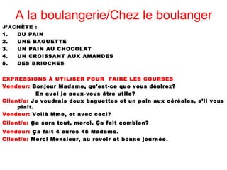 A la boulangerie/Chez le boulanger
J’ACHÈTE :
1. DU PAIN
2. UNE BAGUETTE
3. UN PAIN AU CHOCOLAT
4. UN CROISSANT AUX AMANDES
5. DES BRIOCHES
EXPRESSIONS À UTILISER POUR FAIRE LES COURSES
Vendeur: Bonjour Madame, qu’est-ce que vous désirez?
En quoi je peux-vous être utile?
Client/e: Je voudrais deux baguettes et un pain aux céréales, s’il vous
plaît.
Vendeur: Voilà Mme, et avec ceci?
Client/e: ça sera tout, merci. Ça fait combien?
Vendeur: ça fait 4 euros 45 Madame.
Client/e: Merci Monsieur, au revoir et bonne journée.
 