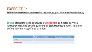 EXERCICE 1:
Relève dans le texte suivant les reprises des noms en gras. (classe-les dans le tableau)
Louise était partie à la poursuite d’un apollon. La fillette parvint à
l’attraper mais elle décida que celui-ci était trop beau. Alors, la jeune
enfant libéra le magnifique papillon.
Reprises nominales Reprises pronominales
Louise
Un apollon
 