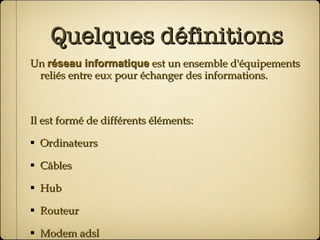 Quelques définitions Un  réseau informatique  est un ensemble d'équipements reliés entre eux pour échanger des informations. Il est formé de différents éléments: Ordinateurs Câbles Hub Routeur Modem adsl 