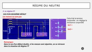 RÉGIME DU NEUTRE
3. Le régime IT:
13
CAS D’UN DEUXIÈME DÉFAUT
Les masses ne sont pas
interconnectées
Uc1 =
Uc2 =
Calcul de la tension
corporelle : on néglige la
résistance corporelle
Remarque :
Dans le cas d’un défaut double, si les masses sont séparées, on se retrouve
dans la situation du Régime TT
 