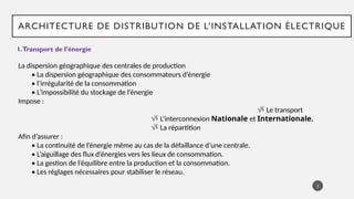 ARCHITECTURE DE DISTRIBUTION DE L’INSTALLATION ÉLECTRIQUE
2
1.Transport de l’énergie
La dispersion géographique des centrales de production
• La dispersion géographique des consommateurs d’énergie
• l’irrégularité de la consommation
• L’impossibilité du stockage de l’énergie
Impose :
 Le transport
 L’interconnexion Nationale et Internationale.
 La répartition
Afin d’assurer :
• La continuité de l’énergie même au cas de la défaillance d’une centrale.
• L’aiguillage des flux d’énergies vers les lieux de consommation.
• La gestion de l’équilibre entre la production et la consommation.
• Les réglages nécessaires pour stabiliser le réseau.
 