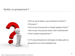 15
Quitter un groupement ?
• Est-ce que le réseau vous correspond vraiment ?
• Pourquoi ?
• Est-ce que vous pouvez y changer quelque chose ?
• Est-ce que vous pouvez doser votre investissement
• Faut-il quitter le groupement ?
• 41% des entrepreneurs interrogés ont déjà quitté un
groupement qui ne les satisfaisait pas
Source : enquête personnelle auprès de 94 entrepreneurs, octobre 2015
 