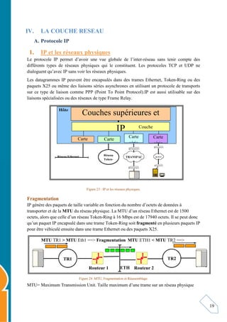 19
IV. LA COUCHE RESEAU
A. Protocole IP
1. IP et les réseaux physiques
Le protocole IP permet d’avoir une vue globale de l’inter-réseau sans tenir compte des
différents types de réseaux physiques qui le constituent. Les protocoles TCP et UDP ne
dialoguent qu’avec IP sans voir les réseaux physiques.
Les datagrammes IP peuvent être encapsulés dans des trames Ethernet, Token-Ring ou des
paquets X25 ou même des liaisons séries asynchrones en utilisant un protocole de transports
sur ce type de liaison comme PPP (Point To Point Protocol).IP est aussi utilisable sur des
liaisons spécialisées ou des réseaux de type Frame Relay.
Figure 23 : IP et les réseaux physiques.
Fragmentation
IP génère des paquets de taille variable en fonction du nombre d’octets de données à
transporter et de la MTU du réseau physique. La MTU d’un réseau Ethernet est de 1500
octets, alors que celle d’un réseau Token-Ring à 16 Mbps est de 17940 octets. Il se peut donc
qu’un paquet IP encapsulé dans une trame Token-Ring soit fragmenté en plusieurs paquets IP
pour être véhiculé ensuite dans une trame Ethernet ou des paquets X25.
Figure 24 MTU, Fragmentation et Réassemblage.
MTU= Maximum Transmission Unit. Taille maximum d’une trame sur un réseau physique
TRANSPAC RTC
Réseau
Token-
Réseau Ethernet
Carte Carte Carte
série
Carte
série
IP
Couches supérieures et
applications
Couche
Hôte
TR1 TR2
ETH
Routeur 1 Routeur 2
MTU TR1 > MTU Eth1 ==> Fragmentation MTU ETH1 < MTU TR2 ==>
 