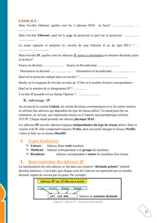 23
EXERCICE :
Dans l'en-tête Ethernet, quelles sont les 2 adresses MAC en hexa? : .......................... ,
.......................
Dans l'en-tête Ethernet, quel est le code du protocole et quel est ce protocole : ................,
....................
La trame capturée et analysée ici, est-elle du type Ethernet II ou du type 802.2 ? :
......................................
Dans l'en-tête IP, quelles sont les adresses IP source et destination en notation décimale point
et en hexa?
Source en décimal ........................... Source en Hexadécimal ............................
Destination en décimal ............................ Destination en hexadécimal ............................
Quel est le protocole indiqué dans cet en-tête ? : ............................................................
Quelle est la longueur de l'en-tête en mots de 32 bits et le nombre d'octets correspondants :
Quel est le numéro de ce datagramme IP ? : ...............
L'en-tête IP possède-t-il un champ 'Options' ? : .........................
B. Adressage IP
Au niveau de la couche Liaison, les nœuds du réseau communiquent avec les autres stations
en utilisant des adresses qui dépendent du type de réseau utilisé. Un nœud peut être un
ordinateur, un serveur, une imprimante réseau ou n’importe quel périphérique utilisant
TCP/IP. Chaque nœud possède une adresse physique MAC.
Les adresses IP sont des adresses logiques indépendantes du type de réseau utilisé. Dans la
version 4 de IP, elles comportent toujours 32 bits, dont une partie désigne le réseau (NetID),
l’autre le hôte sur ce réseau (HostID).
1. Types d'adresses
 Unicast : Adresse d'une seule machine.
 Multicast : Adresse correspondant à un groupe de machines.
 Broadcast : Adresse correspondant à toutes les machines d'un réseau.
2. Représentation des adresses IP
La représentation de cette adresse se fait dans une notation “décimale pointée” (dotted-
décimal notation), c’est-à-dire que chaque octet de l’adresse est représenté par un nombre
décimal, séparé du suivant par un point. Par exemple :
Figure 29 : Adresses IP. Notation décimale pointée.
1100 1010 0000 0000
192. 168. 000.
Adresse en binaire
Adresse en notation décimale
Adresse IP sur 32 bits ou 4 octets
 