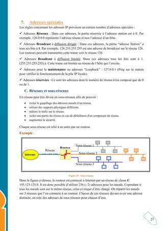 27
7. Adresses spéciales
Les règles concernant les adresses IP prévoient un certain nombre d’adresses spéciales :
 Adresses Réseaux : Dans ces adresses, la partie réservée à l’adresse station est à 0. Par
exemple, 126.0.0.0 représente l’adresse réseau et non l’adresse d’un hôte.
 Adresses Broadcast à diffusion dirigée : Dans ces adresses, la partie “adresse Station” a
tous ses bits à 1. Par exemple, 126.255.255.255 est une adresse de broadcast sur le réseau 126.
Les routeurs peuvent transmettre cette trame vers le réseau 126.
 Adresses Broadcast à diffusion limitée. Dans ces adresses tous les bits sont à 1.
(255.255.255.255) à. Cette trame est limitée au réseau de l’hôte qui l’envoie.
 Adresses pour la maintenance ou adresses “Loopback” : 127.0.0.1 (Ping sur la station
pour vérifier le fonctionnement de la pile IP locale).
 Adresses réservées : Ce sont les adresses dont le numéro de réseau n'est composé que de 0
ou de 1.
C. Réseaux et sous-réseaux
Un réseau peut être divisé en sous-réseaux afin de pouvoir :
 éviter le gaspillage des adresses nœuds d’un réseau
 utiliser des supports physiques différents.
 réduire le trafic sur le réseau.
 isoler une partie du réseau en cas de défaillance d'un composant du réseau.
 augmenter la sécurité.
Chaque sous-réseau est relié à un autre par un routeur.
Exemple :
Figure 38 : Sous-réseaux.
Dans la figure ci-dessus, le routeur est connecté à Internet par un réseau de classe C
195.123.125.0. Il est donc possible d’utiliser 256 (- 2) adresses pour les nœuds. Cependant si
tous les nœuds sont sur le même réseau, celui-ci risque d’être chargé. On répartit les nœuds
sur 3 réseaux que l’on connecte à un routeur. Chacun de ces réseaux devant avoir une adresse
distincte, on crée des adresses de sous-réseaux pour chacun d’eux.
Sous-réseau 1
Sous-réseau 2
Sous-réseau 3
Réseau
195.123.125.
Routeu
Internet
 