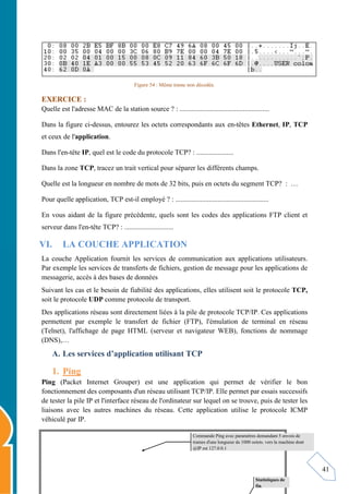 41
Figure 54 : Même trame non décodée.
EXERCICE :
Quelle est l'adresse MAC de la station source ? : ...................................................
Dans la figure ci-dessus, entourez les octets correspondants aux en-têtes Ethernet, IP, TCP
et ceux de l'application.
Dans l'en-tête IP, quel est le code du protocole TCP? : .....................
Dans la zone TCP, tracez un trait vertical pour séparer les différents champs.
Quelle est la longueur en nombre de mots de 32 bits, puis en octets du segment TCP? : …
Pour quelle application, TCP est-il employé ? : .....................................................
En vous aidant de la figure précédente, quels sont les codes des applications FTP client et
serveur dans l'en-tête TCP? : ............................
VI. LA COUCHE APPLICATION
La couche Application fournit les services de communication aux applications utilisateurs.
Par exemple les services de transferts de fichiers, gestion de message pour les applications de
messagerie, accès à des bases de données
Suivant les cas et le besoin de fiabilité des applications, elles utilisent soit le protocole TCP,
soit le protocole UDP comme protocole de transport.
Des applications réseau sont directement liées à la pile de protocole TCP/IP. Ces applications
permettent par exemple le transfert de fichier (FTP), l'émulation de terminal en réseau
(Telnet), l'affichage de page HTML (serveur et navigateur WEB), fonctions de nommage
(DNS),…
A. Les services d’application utilisant TCP
1. Ping
Ping (Packet Internet Grouper) est une application qui permet de vérifier le bon
fonctionnement des composants d'un réseau utilisant TCP/IP. Elle permet par essais successifs
de tester la pile IP et l'interface réseau de l'ordinateur sur lequel on se trouve, puis de tester les
liaisons avec les autres machines du réseau. Cette application utilise le protocole ICMP
véhiculé par IP.
Commande Ping avec paramètres demandant 5 envois de
trames d'une longueur de 1000 octets. vers la machine dont
@IP est 127.0.0.1
Statistiques de
fin.
 