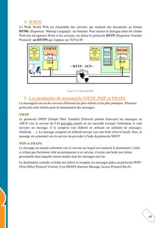 44
4. WWW
Le Wide World Web est l'ensemble des serveurs qui stockent des documents au format
HTML (Hypertext Markup Language) sur Internet. Pour assurer le dialogue entre les clients
Web (les navigateurs Web) et les serveurs, on utilise le protocole HTTP (Hypertext Transfer
Protocol) ou HTTPS qui s'appuie sur TCP et IP.
Figure 59 : Liaison WWW.
5. Les protocoles de messagerie SMTP, POP et IMAP4
La messagerie est un des services d'Internet les plus utilisés et les plus pratiques. Plusieurs
protocoles sont utilisés pour la transmission des messages.
SMTP
Le protocole SMTP (Simple Mail Transfert Protocol) permet d'envoyer les messages en
ASCII vers le serveur du FAI provider auquel on est raccordé Lorsque l'utilisateur A veut
envoyer un message, il le compose tout d'abord en utilisant un utilitaire de messager,
(Outlook, …). Le message composé est d'abord envoyé vers une boîte d'envoi locale. Puis, le
message est acheminé vers le serveur du provider à l'aide du protocole SMTP.
POP et IMAP4
Le message est ensuite acheminé vers le serveur sur lequel est connecté le destinataire. Celui-
ci n'étant pas forcément relié en permanence à ce serveur, il existe une boîte aux lettres
personnelle dans laquelle seront stockés tous les messages non lus.
Le destinataire consulte sa boîte aux lettres et récupère ses messages grâce au protocole POP3
(Post Office Protocol Version 3) ou IMAP4 (Internet Message Access Protocol Rev4).
- HTTP – TCP -
IP
TCP
IP
CLIENT
Web
Port
Serveur
Port
TCP
IP
http svr
TCP
IP
Physique
80
http cl
TCP
IP
Physique
xxx
 