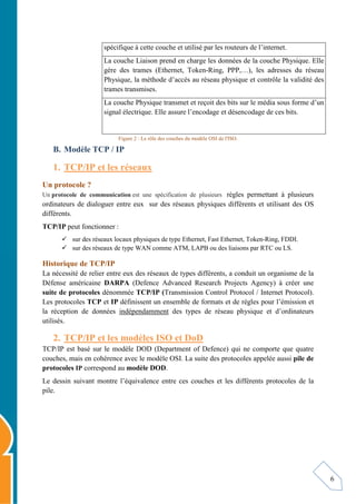 6
spécifique à cette couche et utilisé par les routeurs de l’internet.
La couche Liaison prend en charge les données de la couche Physique. Elle
gère des trames (Ethernet, Token-Ring, PPP,…), les adresses du réseau
Physique, la méthode d’accès au réseau physique et contrôle la validité des
trames transmises.
La couche Physique transmet et reçoit des bits sur le média sous forme d’un
signal électrique. Elle assure l’encodage et désencodage de ces bits.
Figure 2 : Le rôle des couches du modèle OSI de l'ISO.
B. Modèle TCP / IP
1. TCP/IP et les réseaux
Un protocole ?
Un protocole de communication est une spécification de plusieurs règles permettant à plusieurs
ordinateurs de dialoguer entre eux sur des réseaux physiques différents et utilisant des OS
différents.
TCP/IP peut fonctionner :
 sur des réseaux locaux physiques de type Ethernet, Fast Ethernet, Token-Ring, FDDI.
 sur des réseaux de type WAN comme ATM, LAPB ou des liaisons par RTC ou LS.
Historique de TCP/IP
La nécessité de relier entre eux des réseaux de types différents, a conduit un organisme de la
Défense américaine DARPA (Defence Advanced Research Projects Agency) à créer une
suite de protocoles dénommée TCP/IP (Transmission Control Protocol / Internet Protocol).
Les protocoles TCP et IP définissent un ensemble de formats et de règles pour l’émission et
la réception de données indépendamment des types de réseau physique et d’ordinateurs
utilisés.
2. TCP/IP et les modèles ISO et DoD
TCP/IP est basé sur le modèle DOD (Department of Defence) qui ne comporte que quatre
couches, mais en cohérence avec le modèle OSI. La suite des protocoles appelée aussi pile de
protocoles IP correspond au modèle DOD.
Le dessin suivant montre l’équivalence entre ces couches et les différents protocoles de la
pile.
 