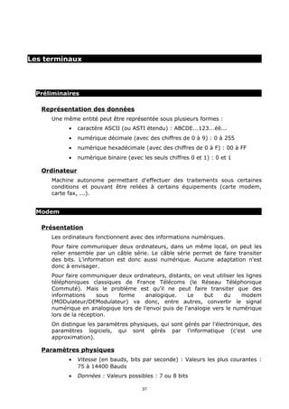 Les terminaux




 Préliminaires

   Représentation des données
     Une même entité peut être représentée sous plusieurs formes :
           •    caractère ASCII (ou ASTI étendu) : ABCDE...123...éè...
           •    numérique décimale (avec des chiffres de 0 à 9) : 0 à 255
           •    numérique hexadécimale (avec des chiffres de 0 à F) : 00 à FF
           •    numérique binaire (avec les seuls chiffres 0 et 1) : 0 et 1

   Ordinateur
     Machine autonome permettant d'effectuer des traitements sous certaines
     conditions et pouvant être reliées à certains équipements (carte modem,
     carte fax, ...).


 Modem

   Présentation
     Les ordinateurs fonctionnent avec des informations numériques.
     Pour faire communiquer deux ordinateurs, dans un même local, on peut les
     relier ensemble par un câble série. Le câble série permet de faire transiter
     des bits. L'information est donc aussi numérique. Aucune adaptation n'est
     donc à envisager.
     Pour faire communiquer deux ordinateurs, distants, on veut utiliser les lignes
     téléphoniques classiques de France Télécoms (le Réseau Téléphonique
     Commuté). Mais le problème est qu'il ne peut faire transiter que des
     informations      sous forme     analogique.      Le    but    du     modem
     (MODulateur/DEModulateur) va donc, entre autres, convertir le signal
     numérique en analogique lors de l'envoi puis de l'analogie vers le numérique
     lors de la réception.
     On distingue les paramètres physiques, qui sont gérés par l'électronique, des
     paramètres logiciels, qui sont gérés par l'informatique (c'est une
     approximation).

   Paramètres physiques
           •    Vitesse (en bauds, bits par seconde) : Valeurs les plus courantes :
                75 à 14400 Bauds
           •    Données : Valeurs possibles : 7 ou 8 bits

                                        31
 