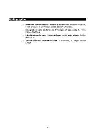 Bibliographie

          •   Réseaux informatiques. Cours et exercices. Danièle Dromard,
              Fetah Ouzzani et Dominique Seret. Edition EYROLLES
          •   Intégration voix et données. Principes et concepts. P. Millet.
              Edition MASSON
          •   L’indispensable pour communiquer avec son micro. Edition
              MARABOUT
          •   Informatique et Communication. P. Reynaud / B. Ragot. Edition
              SYBEX




                                   40
 