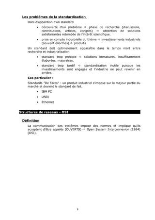 Les problèmes de la standardisation
    Date d'apparition d'un standard
          •   découverte d'un problème ð phase de recherche (discussions,
              contributions, articles, congrès) ð obtention de solutions
              satisfaisantes retombée de l'intérêt scientifique.
          •   prise en compte industrielle du thème ð investissements industriels
              (souvent énormes) ð produits
    Un standard doit optimalement apparaître dans le temps mort entre
    recherche et industrialisation
          •   standard trop précoce ð solutions immatures, insuffisamment
              élaborées, mauvaises.
          •   standard trop tardif ð standardisation inutile puisque les
              investissements sont engagés et l'industrie ne peut revenir en
              arrière.
    Cas particulier :
    Standards "De Facto" : un produit industriel s'impose sur la majeur partie du
    marché et devient le standard de fait.
          •   IBM PC
          •   UNIX
          •   Ethernet


Structures de reseaux - OSI

 Définition
    La communication des systèmes impose des normes et implique qu'ils
    acceptent d'être appelés (OUVERTS) ð Open System Interconnexion (1984)
    (OSI).




                                      9
 
