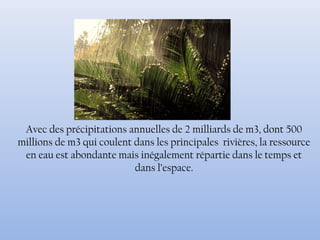 Avec des précipitations annuelles de 2 milliards de m3, dont 500
millions de m3 qui coulent dans les principales rivières, la ressource
en eau est abondante mais inégalement répartie dans le temps et
dans l’espace.
 