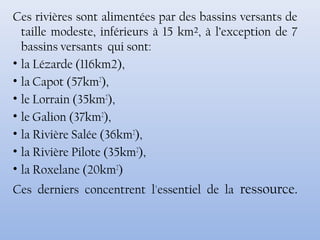 Ces rivières sont alimentées par des bassins versants de
taille modeste, inférieurs à 15 km², à l’exception de 7
bassins versants qui sont:
• la Lézarde (116km2),
• la Capot (57km2
),
• le Lorrain (35km2
),
• le Galion (37km2
),
• la Rivière Salée (36km2
),
• la Rivière Pilote (35km2
),
• la Roxelane (20km2
)
Ces derniers concentrent l'essentiel de la ressource.
 