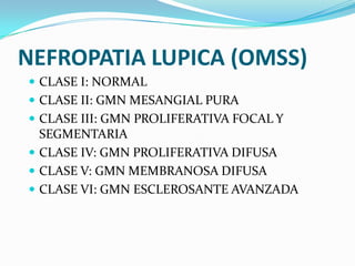 NEFROPATIA LUPICA (OMSS)
 CLASE I: NORMAL
 CLASE II: GMN MESANGIAL PURA
 CLASE III: GMN PROLIFERATIVA FOCAL Y
  SEGMENT...