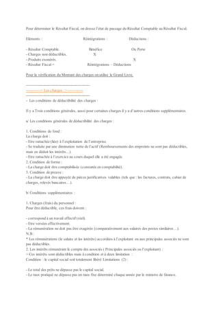 Pour déterminer le Résultat Fiscal, on dresse l’état de passage du Résultat Comptable au Résultat Fiscal.
Eléments : Réintégrations : Déductions :
- Résultat Comptable. Bénéfice Ou Perte
- Charges non déductibles. X
- Produits exonérés. X
- Résultat Fiscal = Réintégrations – Déductions
Pour la vérification du Montant des charges on utilise le Grand Livre.
-------------------------------------------------
-----------< Les charges : >------------
-------------------------------------------------
- Les conditions de déductibilité des charges :
Il y a Trois conditions générales, aussi pour certaines charges il y a d’autres conditions supplémentaires.
a/ Les conditions générales de déductibilité des charges :
1. Conditions de fond :
La charge doit :
- Etre rattachée (liée) à l’exploitation de l’entreprise.
- Se traduite par une diminution nette de l’actif (Remboursements des empreints ne sont pas déductibles,
mais en déduit les intérêts...).
- Etre rattachée à l’exercice au cours duquel elle a été engagée.
2. Condition de forme :
- La charge doit être comptabilisée (constatée en comptabilité).
3. Condition de preuve :
- La charge doit être appuyée de pièces justificatives valables (tels que : les factures, contrats, cahier de
charges, relevés bancaires…).
b/ Conditions supplémentaires :
1. Charges (frais) du personnel :
Pour être déductible, ces frais doivent :
- correspond à un travail effectif (réel).
- Etre versées effectivement.
- La rémunération ne doit pas être exagérée (comparativement aux salaires des postes similaires…).
N.B :
* Les rémunérations (le salaire et les intérêts) accordées à l’exploitant ou aux principales associés ne sont
pas déductibles.
2. Les intérêts rémunérant le compte des associés ( Principales associés ou l’exploitant) :
> Ces intérêts sont déductibles mais à condition et à deux limitation :
Condition : le capital social soit totalement libéré Limitations (2) :
- Le total des prêts ne dépasse pas le capital social.
- Le taux pratiqué ne dépasse pas un taux fixe déterminé chaque année par le ministre de finance.
 