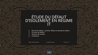 ÉTUDE DU DÉFAUT
D’ISOLEMENT EN RÉGIME
IT
Module: Sécurité électrique Les régimes de neutre Groupe No. 13
○ Boucle de défaut : premier défaut et deuxième défaut
○ Courant de défaut
○ Tension de contact
○ Protection
22
 