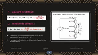 Module: Sécurité électrique
Groupe No.
13
Présentée par: Rammouche Yasser
1. Courant de défaut :
2. Tension de contact :
❖ Cette tension est potentiellement dangereuse car elle est
supérieure à la tension limite UL = 50 V.
❖ » La coupure de l'installation est obligatoire dès l'apparition du
deuxième défaut
26
 