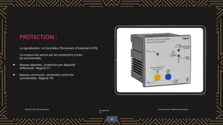 PROTECTION :
La signalisation : le Contrôleur Permanent d'Isolement (CPI).
La coupure est assure par les protections contre
les surintensités.
❖ Masses séparées : protection par dispositif
différentiel : Régime TT.
❖ Masses communes : protection contre les
surintensités : Régime TN.
Module: Sécurité électrique
Groupe No.
13
Présentée par: Rammouche Yasser
27
 
