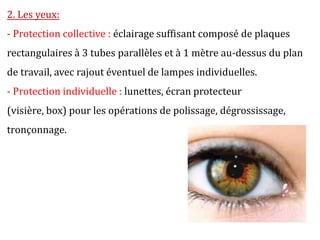 2. Les yeux:
- Protection collective : éclairage suffisant composé de plaques
rectangulaires à 3 tubes parallèles et à 1 mètre au-dessus du plan
de travail, avec rajout éventuel de lampes individuelles.
- Protection individuelle : lunettes, écran protecteur
(visière, box) pour les opérations de polissage, dégrossissage,
tronçonnage.
 