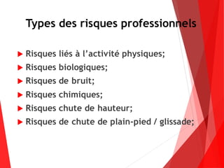 Types des risques professionnels
 Risques liés à l’activité physiques;
 Risques biologiques;
 Risques de bruit;
 Risques chimiques;
 Risques chute de hauteur;
 Risques de chute de plain-pied / glissade;
 