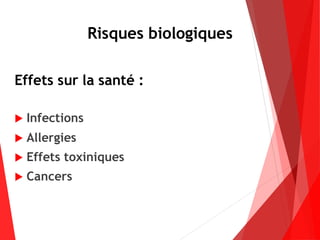 Risques biologiques
Effets sur la santé :
 Infections
 Allergies
 Effets toxiniques
 Cancers
 