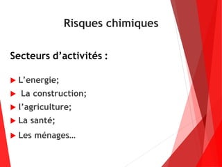 Risques chimiques
Secteurs d’activités :
 L’energie;
 La construction;
 l’agriculture;
 La santé;
 Les ménages…
 