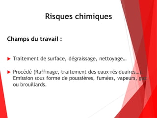 Risques chimiques
Champs du travail :
 Traitement de surface, dégraissage, nettoyage…
 Procédé (Raffinage, traitement des eaux résiduaires…).
Emission sous forme de poussières, fumées, vapeurs, gaz
ou brouillards.
 