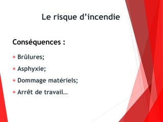 Le risque d’incendie
Conséquences :
 Brûlures;
 Asphyxie;
 Dommage matériels;
 Arrêt de travail…
 