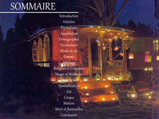 SOMMAIRE
Introduction
Histoire
Étymologie
Appellation
Démographie
Vocabulaire
Mode de vie
Femme
Mariage
Religion et Croyance
Magie et Médecine
Vestimentaire
Symbolisation
Art
Cirque
Métiers
Mort et funérailles
Conclusion
 