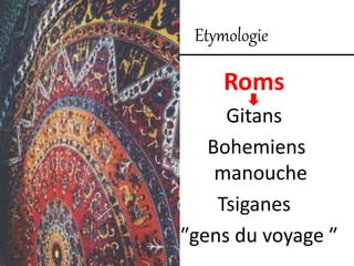 Etymologie
Roms
Gitans
Bohemiens
manouche
Tsiganes
″gens du voyage ″
 