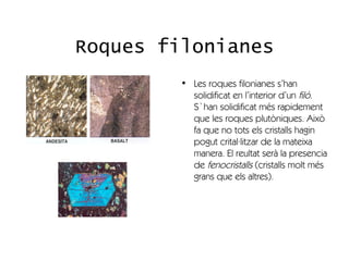 Roques filonianes
         • Les roques filonianes s’han
           solidificat en l’interior d’un filó.
           S`han solidificat més rapidement
           que les roques plutòniques. Això
           fa que no tots els cristalls hagin
           pogut crital·litzar de la mateixa
           manera. El reultat serà la presencia
           de fenocristalls (cristalls molt més
           grans que els altres).
 