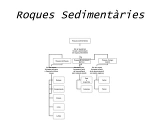 Roques Sedimentàries

                                         Roqiues sedimentàries




                                            Sòn el resultat de
                                         l'erosió i sedimentació
                                         de roques preexistents



                                           Roques de precipitació                     Roques d'origen
                    Roques detrítiques
                                                 química                                 orgànic


      Són les roques                        Són les roques              Són les roques
    formades per parts                     formades a partir           formades a partir
    o fragments d'altres                   de la precipitació         de la descomposició
          roques                         dels materials disolts       de matèria orgànica


                                                           Sals
                     Bretxes                                 o                        Carbó
                                                         evaporites



                 Conglomerats                             Calcàries                   Petroli




                     Gresos




                      Llims




                     Lutites
 