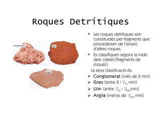 Roques Detrítiques
          • Les roques detrítiques són
            constituides per fragments que
            procedeixen de l’erosió
            d’altres roques.
          • Es classifiquen segons la mida
            dels clastes (fragments de
            roques)
           La seva classificació és:
           Conglomerat (més de 2 mm)
           Gres (entre 2 i 1/16 mm)
           Llim (entre 1/16 i 1/256mm)
           Argila (menys de 1/256 mm)
 