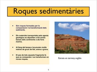 5
• Són roques formades per la
compactació i la transformació dels
sediments.
• Els materials transportats pels agents
geològics es dipositen a les zones
baixes dels continents o als fons
marins.
• Al llarg del temps s’acumulen molts
metres de gruix de llot, arena o grava.
• El pes de tots aquests fragments fa
que es compacten i es transformen en
noves roques. Estrats en terreny argilós
Roques sedimentàries
 