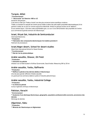 Turquie, Millet
* Fonctionnement 
** “découverte” de l’électron ­600 av JC 
Ancienne cité grecque 
C’est dans à milet que Thalès a fondé l’une des plus ancienne école scientifique moderne. 
Thalès, en étudiant la capacité de l’ambre jaune frottée à attirer des petit objets (propriétés électrostatiques) fut le 
premier à traiter de ce que l’on nomme aujourd’hui électricité. Ambre en grecque ancien se dit “elektron”. 
D’une certaine façon, c’est dans cette amphithéâtre grec, au cour d’une démonstration des propriétés de l’ambre 
qu’a commencé la grande aventure de l’électronique. 
Israel, Kiryat Gat, Industrie de Semiconducter
Intel Israel Electronics 
* Production 
** Fabrication des composants électroniques II et matière première II 
Fabricant de processeurs 
Israel,Negev desert, School for desert studies
Albert Katz International School for Desert Studies 
* Fonctionnement 
** Etat de l’art du photovoltaïque 
Arabie saoudite, Ghawar, Oil Field
* Production 
** Extraction du pétrole 
Ghawar is an oil field located in Al­Ahsa Governorate, Saudi Arabia. Measuring 280 by 30 km 
Arabie saoudite, Yanbu, Raffinerie
* Production 
** Raffiner le pétrole et les dérivés dédiés à l’électronique 
Une des plus grande raffinerie d’Arabie saoudite 
Un grand port de commerce dédié en partie à l’industrie pétrochimique. 
 
Arabie saoudite, Yanbu, Industrial College
* Production 
** la chimie du pétrole 
Cursus ingénierie chimique et électronique 
Pakistan, Karachi
* Environnement 
** Anatomie d’une décharge électronique, géographie, population professionnelle economie, provenance des 
déchets 
Décharge de déchets 
Afganistan, Kabu
* Production 
** Minerais de l’électronique en Afghanistan 
10 
 