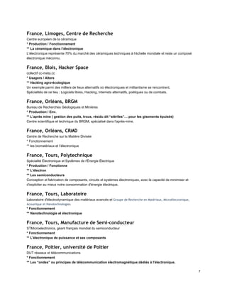 France, Limoges, Centre de Recherche
Centre européen de la céramique 
* Production / Fonctionnement 
** La céramique dans l’électronique 
L’électronique représente 70% du marché des céramiques techniques à l’échelle mondiale et reste un composé 
électronique méconnu. 
France, Blois, Hacker Space
collectif cc­meta.cc 
* Usagers / Alters 
** Hacking agro­écologique 
Un exemple parmi des milliers de lieux alternatifs où électroniques et militantisme se rencontrent. 
Spécialités de ce lieu : Logiciels libres, Hacking, Internets alternatifs, poétiques ou de combats. 
France, Orléans, BRGM
Bureau de Recherches Géologiques et Minières 
* Production / Env. 
** L’après mine ( gestion des puits, trous, résidu dit “stériles”… pour les gisements épuisés) 
Centre scientifique et technique du BRGM, spécialisé dans l’après­mine. 
France, Orléans, CRMD
Centre de Recherche sur la Matière Divisée 
* Fonctionnement 
** les biomatériaux et l’électronique 
France, Tours, Polytechnique
Spécialité Électronique et Systèmes de l'Énergie Électrique  
* Production / Fonctionne 
** L’électron 
** Les semiconducteurs 
Conception et fabrication de composants, circuits et systèmes électroniques, avec la capacité de minimiser et 
d'exploiter au mieux notre consommation d'énergie électrique. 
France, Tours, Laboratoire
Laboratoire d'électrodynamique des matériaux avancés et Groupe de Recherche en Matériaux, Microélectronique,
Acoustique et Nanotechnologies
* Fonctionnement 
** Nanotechnologie et électronique 
France, Tours, Manufacture de Semi-conducteur
STMicroelectronics, géant français mondial du semiconducteur 
* Fonctionnement 
** L'électronique de puissance et ses composants 
France, Poitier, université de Poitier
DUT réseaux et télécommunications 
* Fonctionnement 
** Les “ondes” ou principes de télécommunication électromagnétique dédiés à l'électronique. 
7 
 