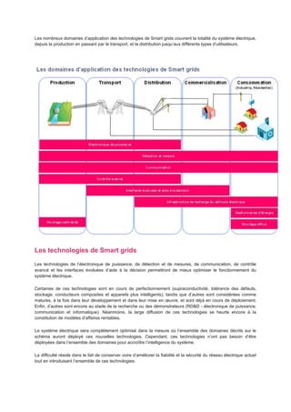 Les nombreux domaines d’application des technologies de Smart grids couvrent la totalité du système électrique,
depuis la production en passant par le transport, et la distribution jusqu’aux différents types d’utilisateurs.




Les technologies de Smart grids
Les technologies de l’électronique de puissance, de détection et de mesures, de communication, de contrôle
avancé et les interfaces évoluées d’aide à la décision permettront de mieux optimiser le fonctionnement du
système électrique.

Certaines de ces technologies sont en cours de perfectionnement (supraconductivité, tolérance des défauts,
stockage, conducteurs composites et appareils plus intelligents), tandis que d’autres sont considérées comme
matures, à la fois dans leur développement et dans leur mise en œuvre, et sont déjà en cours de déploiement.
Enfin, d’autres sont encore au stade de la recherche ou des démonstrateurs (RD&D - électronique de puissance,
communication et informatique). Néanmoins, la large diffusion de ces technologies se heurte encore à la
constitution de modèles d’affaires rentables.

Le système électrique sera complètement optimisé dans la mesure où l’ensemble des domaines décrits sur le
schéma auront déployé ces nouvelles technologies. Cependant, ces technologies n’ont pas besoin d’être
déployées dans l’ensemble des domaines pour accroître l’intelligence du système.

La difficulté réside dans le fait de conserver voire d’améliorer la fiabilité et la sécurité du réseau électrique actuel
tout en introduisant l’ensemble de ces technologies.
 