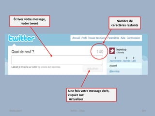 ) Nombre de
caractères restants
Écrivez votre message,
votre tweet
Une fois votre message écrit,
cliquez sur:
Actualiser
30/01/2015 Atelier - 2010 119
 