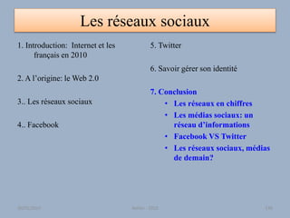 Les réseaux sociaux
1. Introduction: Internet et les
français en 2010
2. A l’origine: le Web 2.0
3.. Les réseaux sociaux
4.. Facebook
5. Twitter
6. Savoir gérer son identité
7. Conclusion
• Les réseaux en chiffres
• Les médias sociaux: un
réseau d’informations
• Facebook VS Twitter
• Les réseaux sociaux, médias
de demain?
30/01/2015 Atelier - 2010 136
 