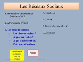 Les Réseaux Sociaux
1. Introduction: Internet et les
français en 2010
2. A l’origine: le Web 2.0
3. Les réseaux sociaux
• Les réseaux sociaux?
• A quoi servent-ils?
• A qui s’adressent-ils?
• Petit tour d’horizon
4.. Facebook
5. Twitter
6. Savoir gérer son identité
7.Conclusion
Les réseaux
sociaux en
termes
simples30/01/2015 Atelier - 2010 58
 