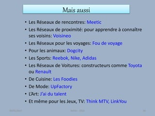 Mais aussi
• Les Réseaux de rencontres: Meetic
• Les Réseaux de proximité: pour apprendre à connaître
ses voisins: Voisineo
• Les Réseaux pour les voyages: Fou de voyage
• Pour les animaux: Dogcity
• Les Sports: Reebok, Nike, Adidas
• Les Réseaux de Voitures: constructeurs comme Toyota
ou Renault
• De Cuisine: Les Foodies
• De Mode: UpFactory
• L’Art: J’ai du talent
• Et même pour les Jeux, TV: Think MTV, LinkYou
30/01/2015 Atelier - 2010 66
 