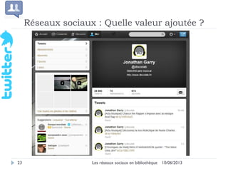 10/06/2013Les réseaux sociaux en bibliothèque23
Réseaux sociaux : Quelle valeur ajoutée ?
23 Les réseaux sociaux en biblio...
