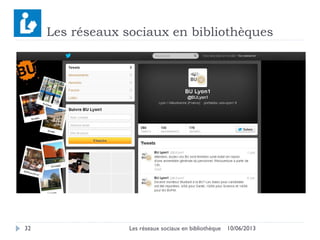 10/06/2013Les réseaux sociaux en bibliothèque32
Les réseaux sociaux en bibliothèques
 