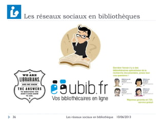 10/06/2013Les réseaux sociaux en bibliothèque36
Les réseaux sociaux en bibliothèques
 